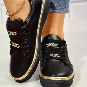 Soft black sneakers with gold chain accent-Size 10 NEW
